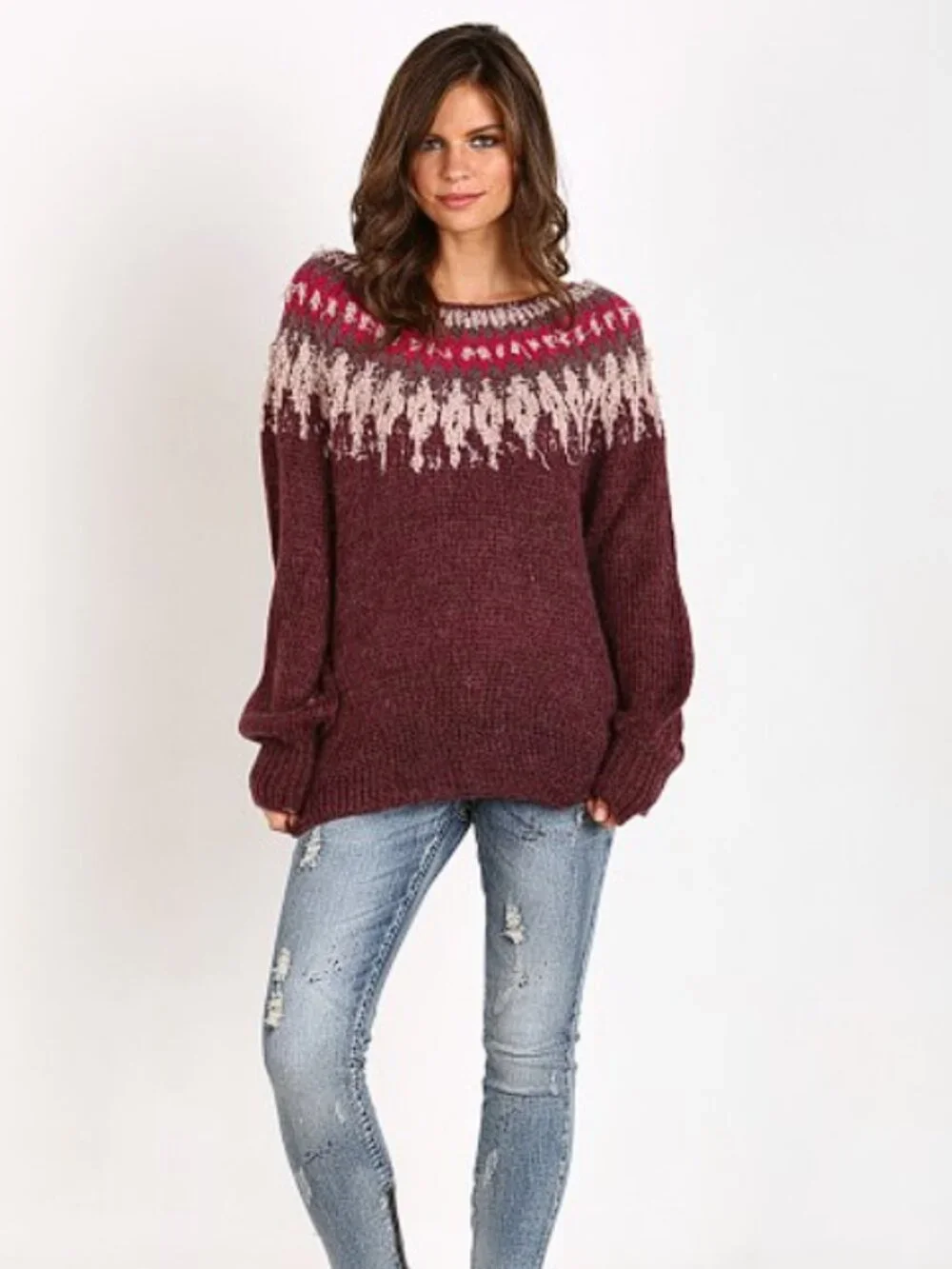 Free People Baltic Fair Isle Maroon Wool Alpaca blend Sweater (M) EUC